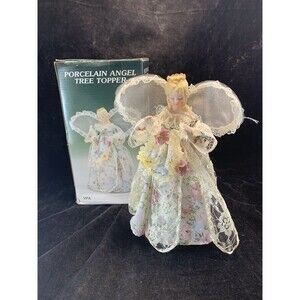 Vintage Porcelain Christmas Angel Tree Topper Floral Dress And Flower Wreath